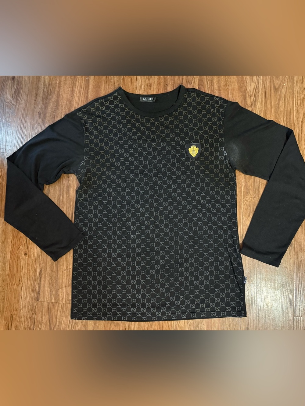 Gucci Black Long Sleeve GG Pattern shirt with historic "bellhop" crest metal XL